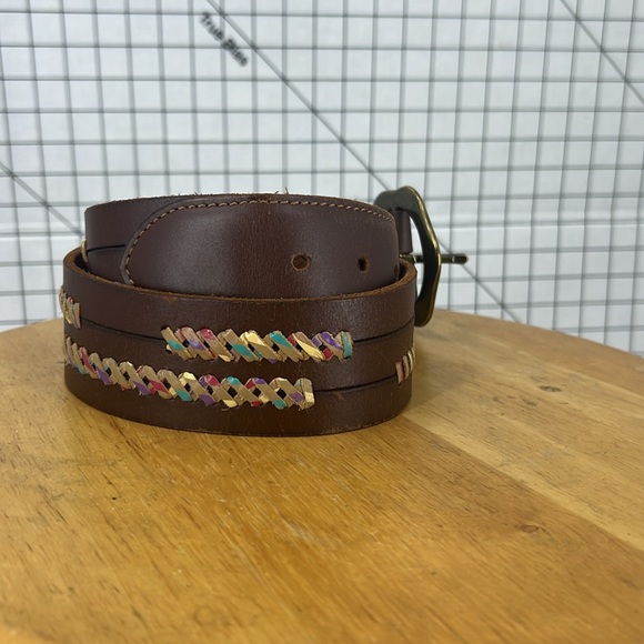 Lucky brand, leather, zigzag stitch accent, brass buckle belt S - Picture 2 of 12